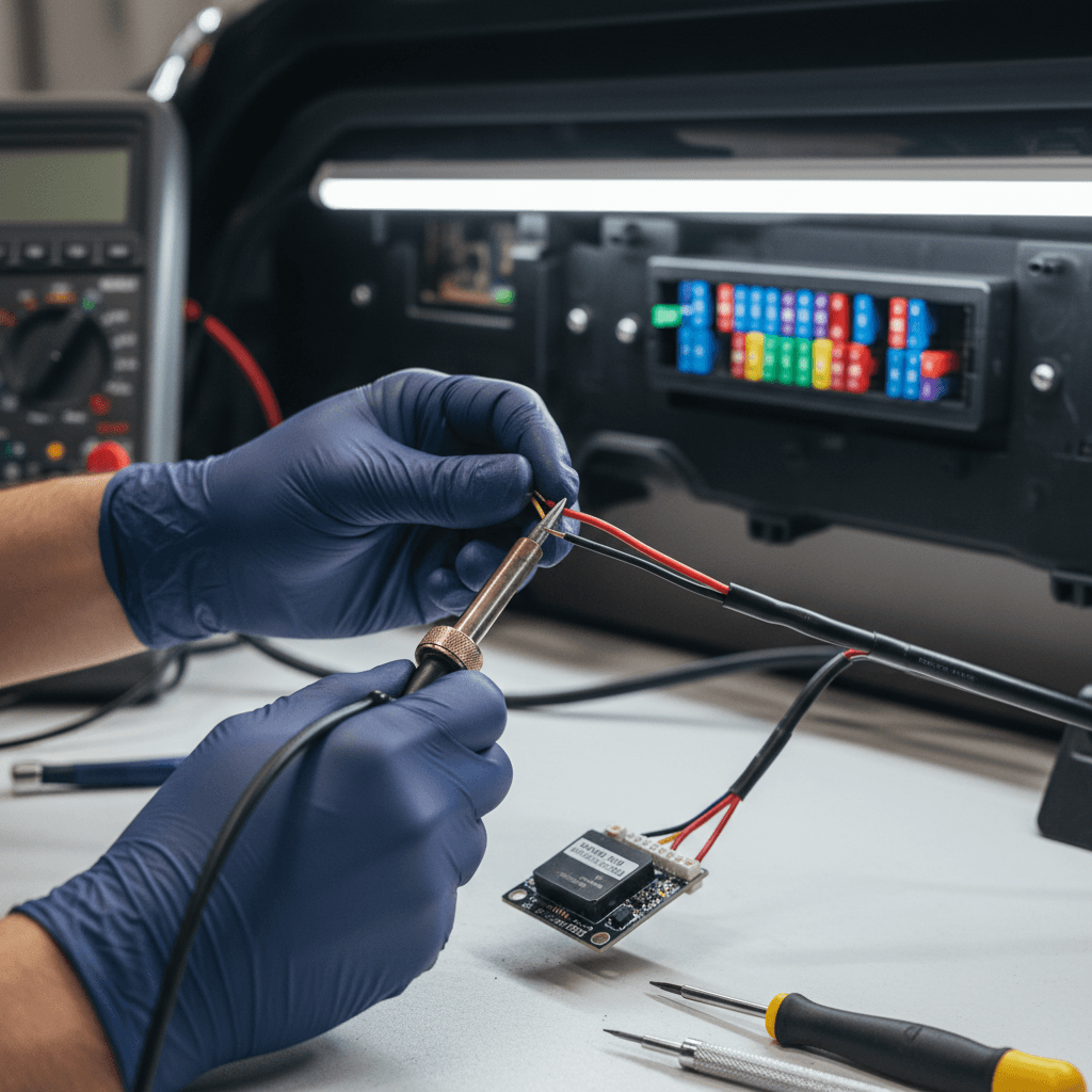 Hardwire kit being soldered for parking mode dash cam installation