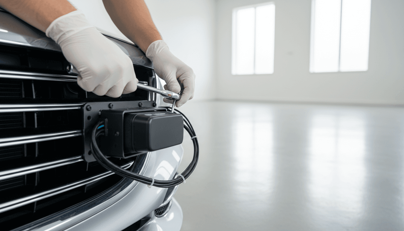 Professional hands installing a radar detector behind a car grille