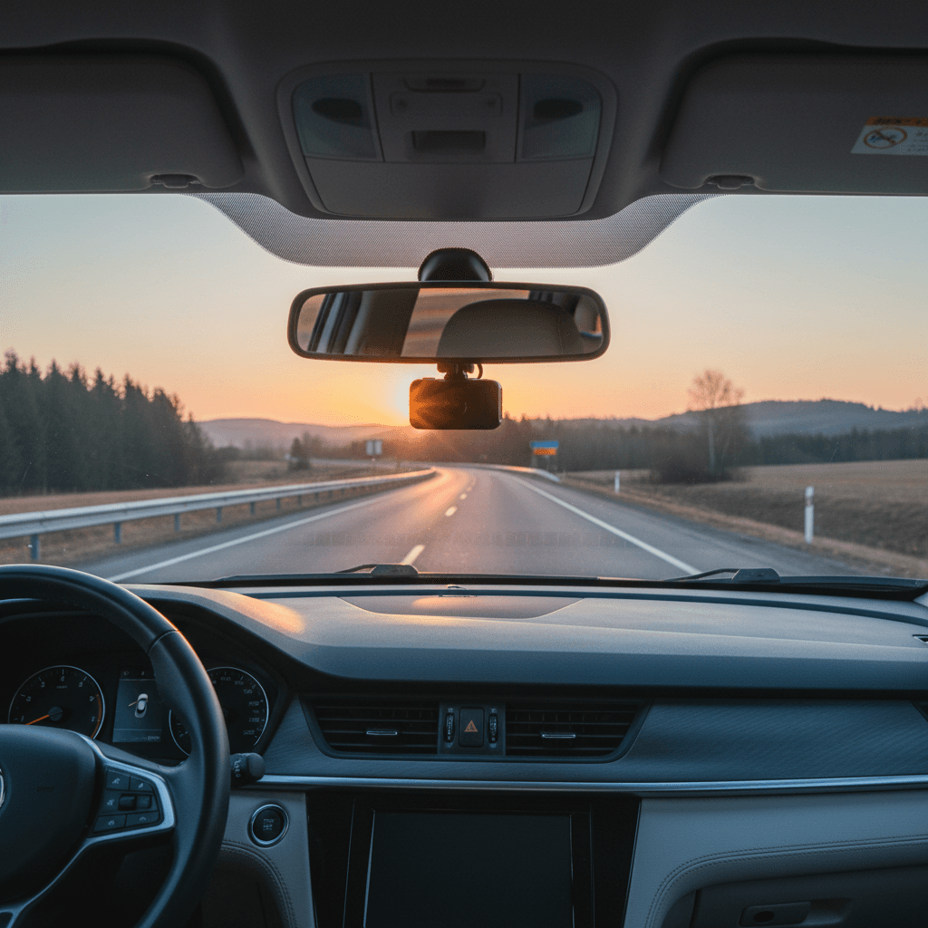 Compact dash camera mounted behind a car's rearview mirror showing road ahead through windshield