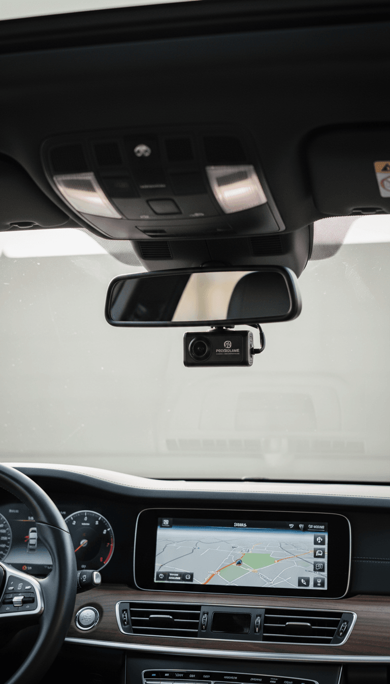 Professional dash camera installation with hidden wiring behind a rearview mirror in a car.