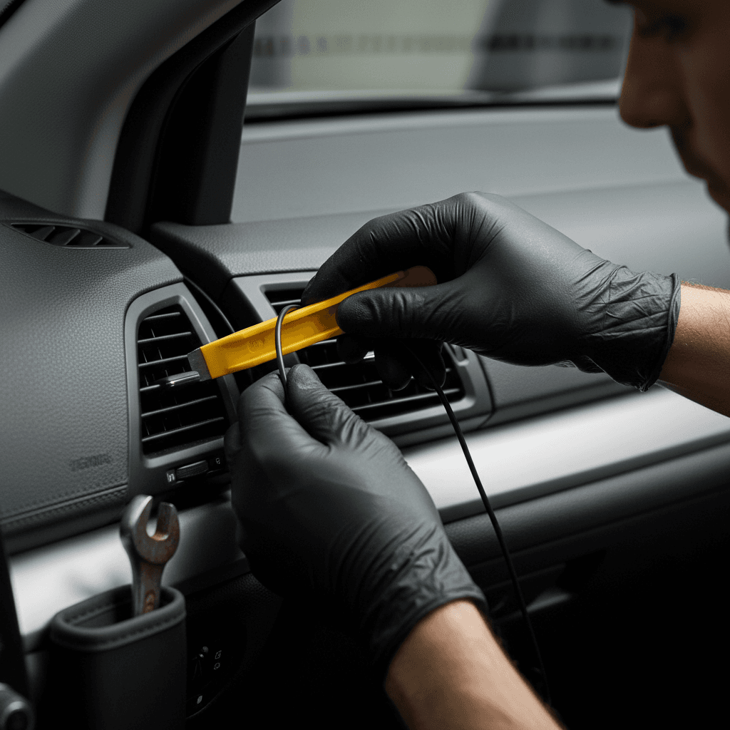 Technician routing dash camera cable behind A-pillar trim